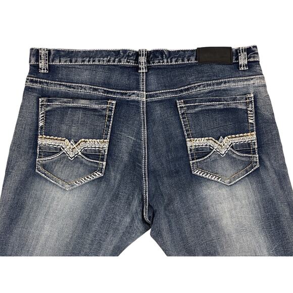 True Luck Men's Denim Jeans 40x35 Straight Leg Stonewashed Thick Stitch EUC - Picture 8 of 15